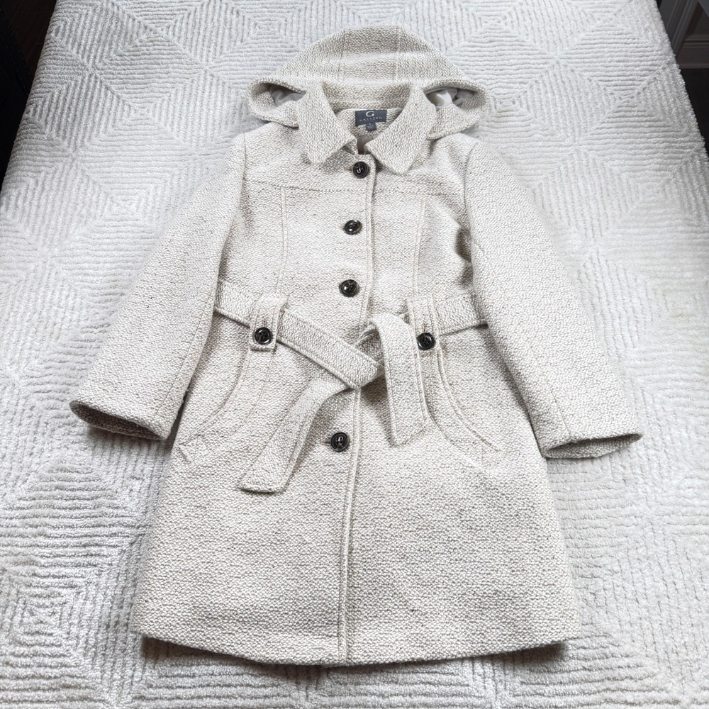 Gallery New York Wool Blend Trench Coat Women's Large Cream Hooded Vintage Y2K